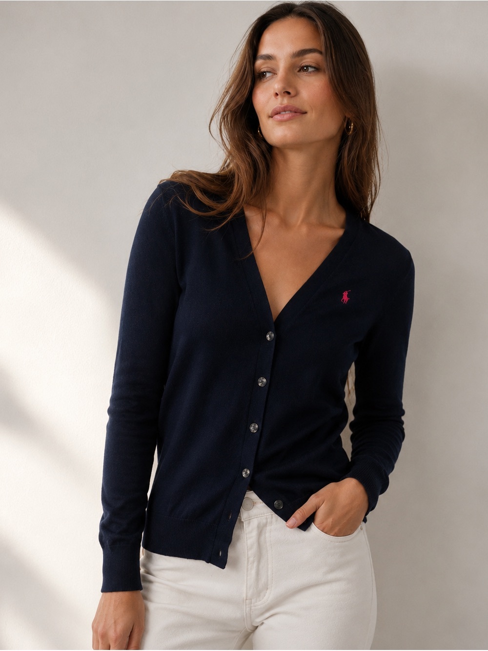 Polo by Ralph Lauren Navy Button-Front V-Neck Cardigan with Pink Logo